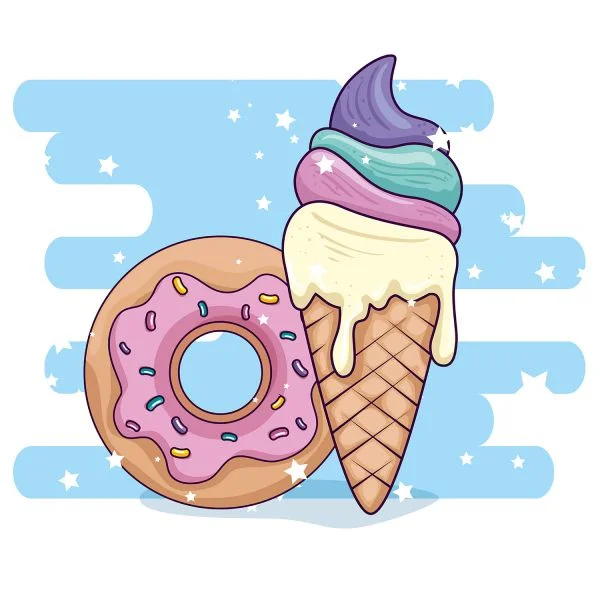 Цветной вариант раскраски мороженое и пончик, сладкий десерт
