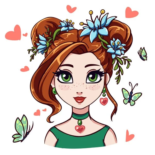Цветной вариант раскраски красивая девушка прическа и цветы