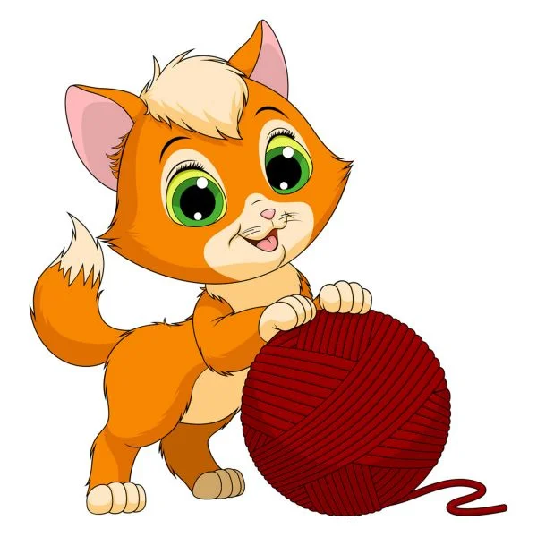 Цветной пример раскраски пушистый котенок с клубочком