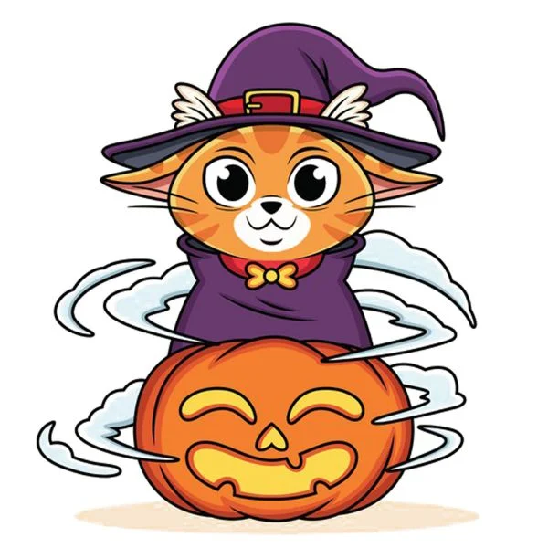 Цветной вариант раскраски котик и тыква хэллоуин