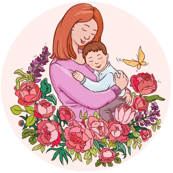 Цветной пример раскраски мама с малышом семья