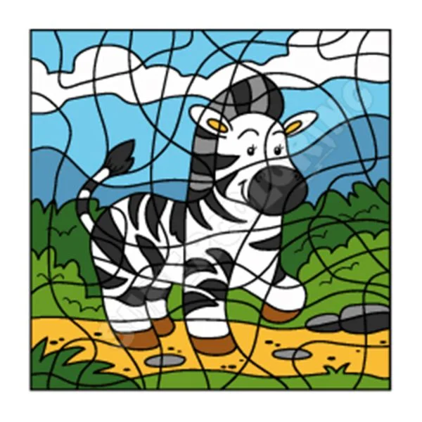 Цветной пример раскраски по номерам: веселая зебра