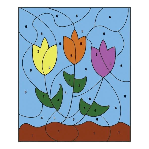 Цветной пример раскраски по номерам: три тюльпана