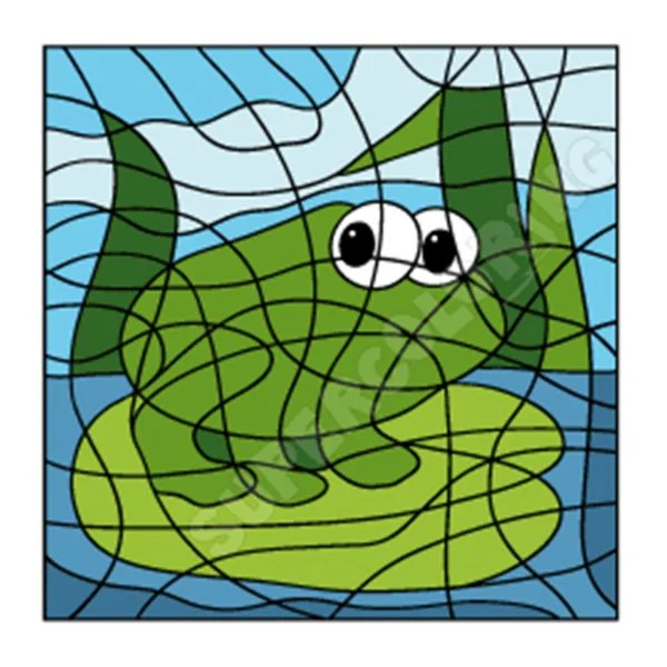 Цветной вариант раскраски по номерам: лягушка сидит на кувшинке