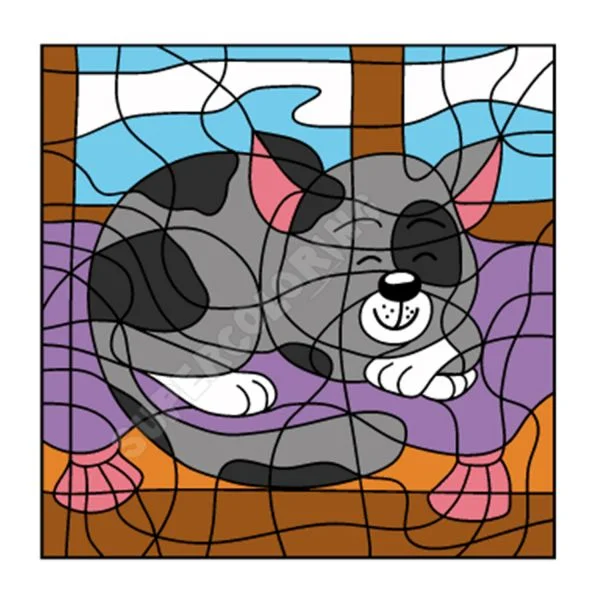 Цветной пример раскраски по номерам: милый котик спит