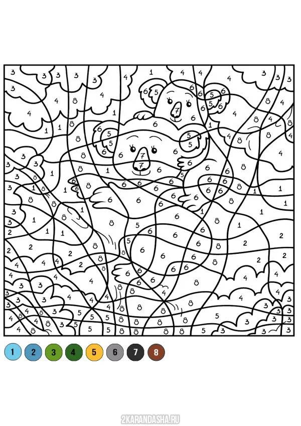 Цветной пример раскраски по номерам: коала с детенышем