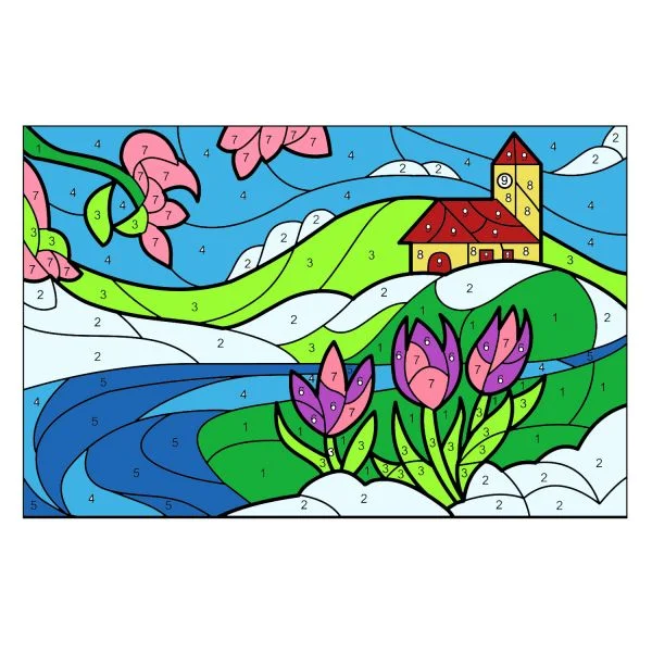 Цветной пример раскраски по номерам: дом и тюльпаны