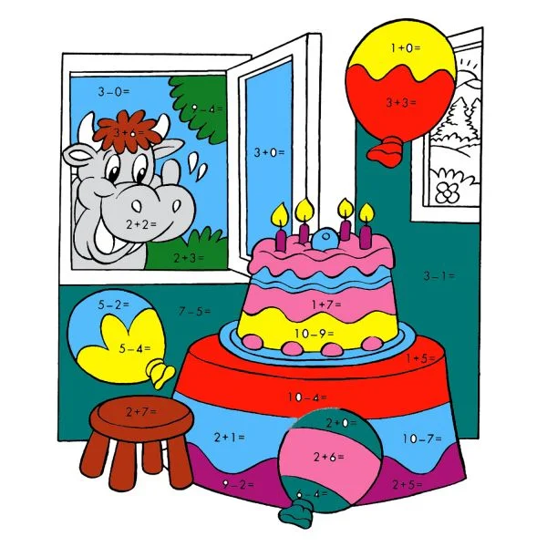 Цветной вариант раскраски по номерам: реши примеры день рождения