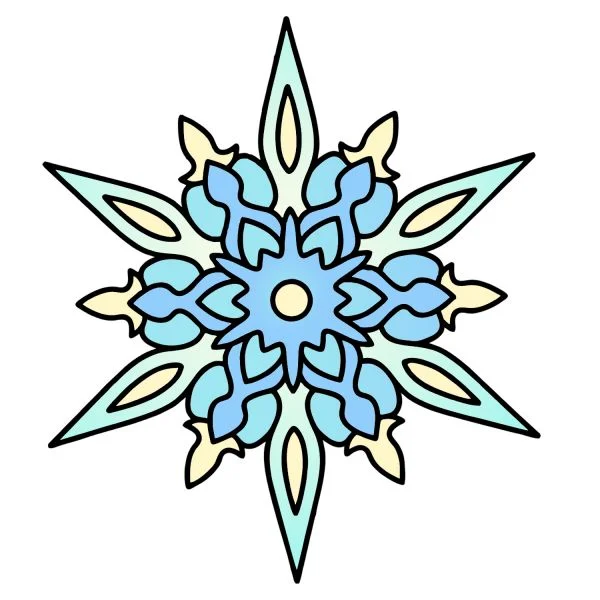 Цветной вариант раскраски снежинка с острыми углами