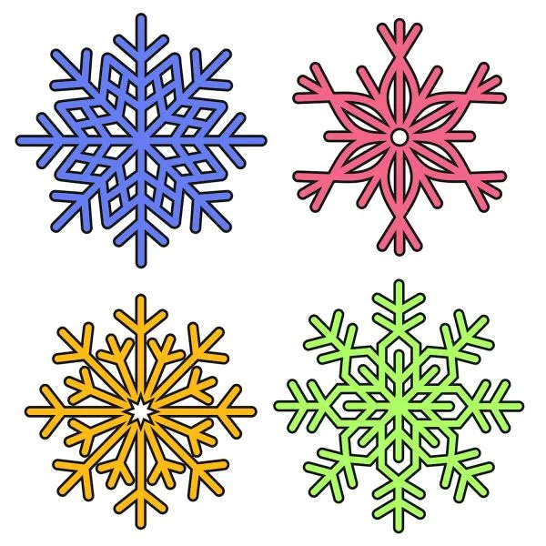 Цветной вариант раскраски несколько снежинок на листе