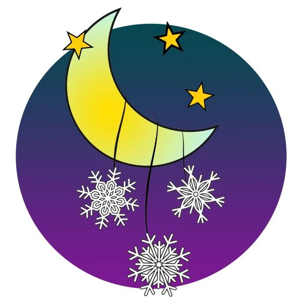 Цветной вариант раскраски звезды и луна со снежинками