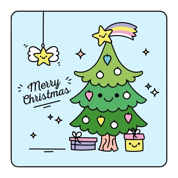 Цветной вариант раскраски открытка с новогодней ёлкой