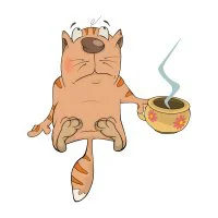 Цветной пример раскраски кот с кофе