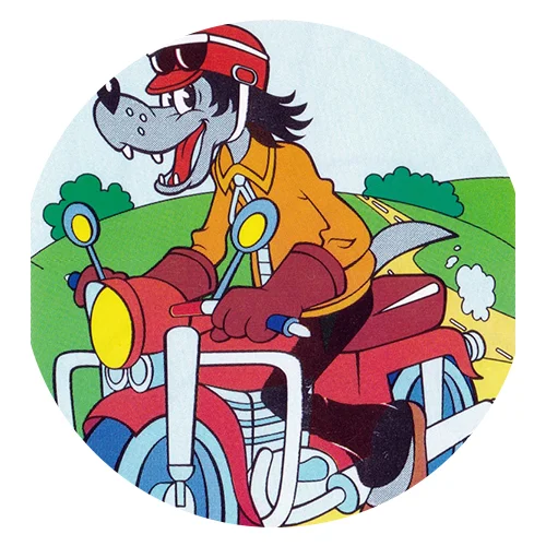 Цветной вариант раскраски разбойник волк на мотоцикле