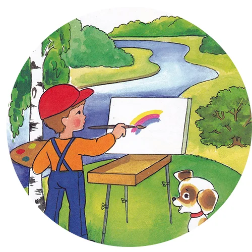 Цветной вариант раскраски мальчик рисует природу лето