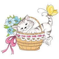 Цветной пример раскраски котенок в корзинке