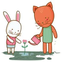 Цветной вариант раскраски котенок с зайкой поливает цветок