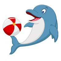 Цветной пример раскраски довольный играет с мячом дельфин