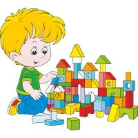 Цветной пример раскраски мальчик играет в кубики