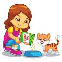 Цветной пример раскраски девочка кормит котенка