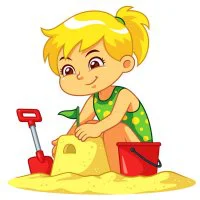 Цветной вариант раскраски девочка играет в песок