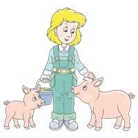 Цветной пример раскраски две свинки и хозяйка