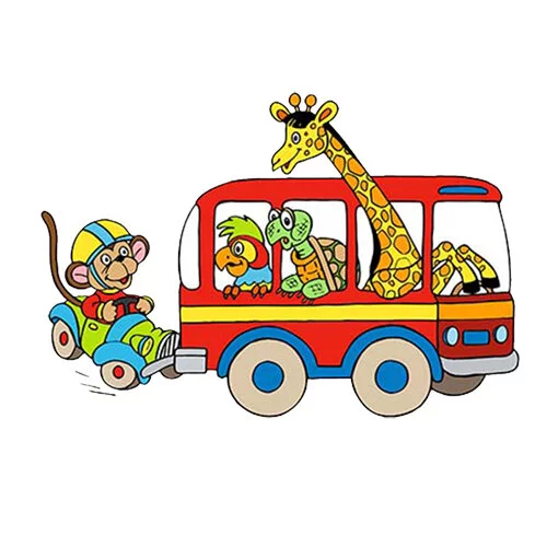Цветной пример раскраски автобус с жирафом, обезьянкой
