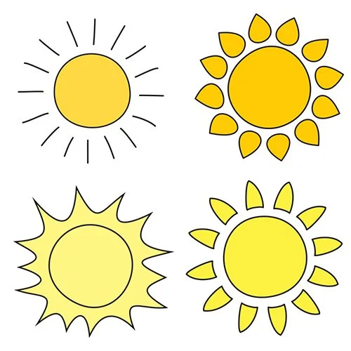 Цветной пример раскраски четыре солнца с лучиками