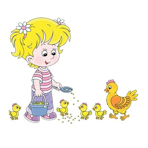 Цветной пример раскраски девочка кормит цыплят