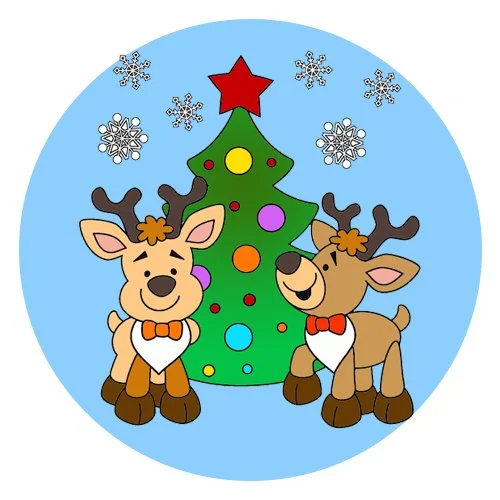 Цветной вариант раскраски два новогодний оленя и елка