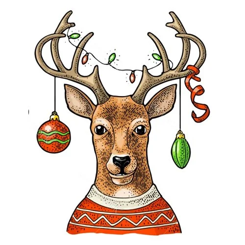 Цветной пример раскраски голова новогоднего оленя