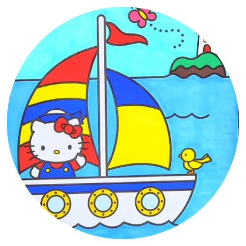 Цветной пример раскраски хелло китти на лодке
