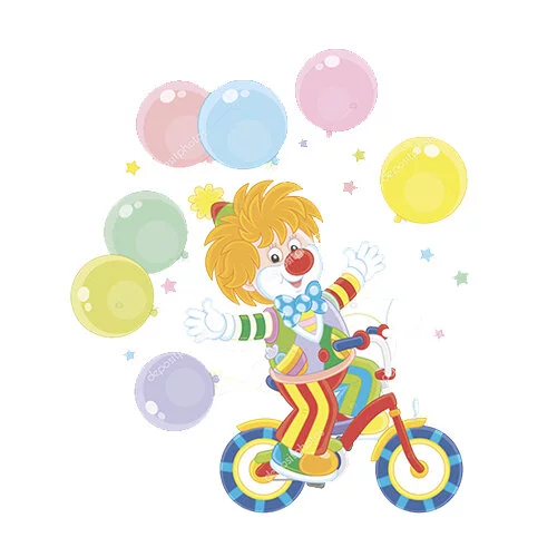 Цветной пример раскраски клоун и много воздушных шаров