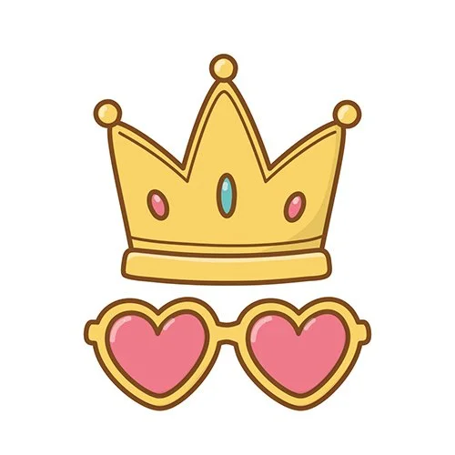 Цветной пример раскраски корона и очки сердечком