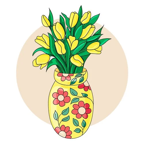 Цветной пример раскраски круглая ваза с тюльпанами