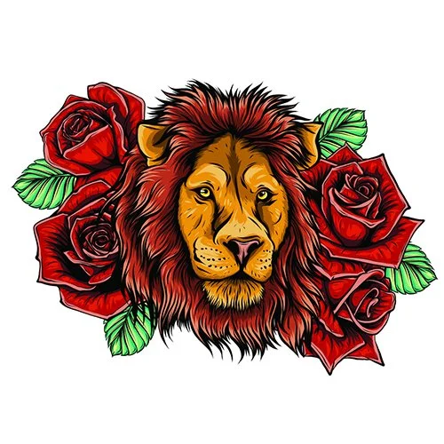Цветной пример раскраски лев и розы