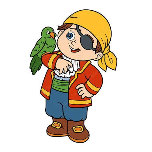 Цветной вариант раскраски мальчик пират с попугаем