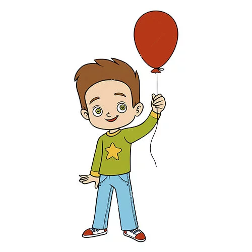 Цветной пример раскраски мальчик с одним воздушным шаром