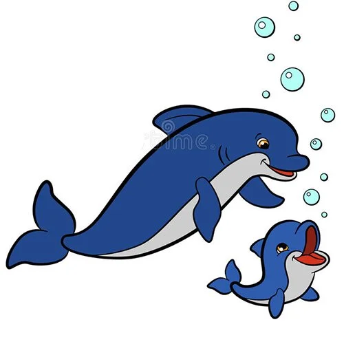 Цветной пример раскраски дельфин мама и детеныш резвятся