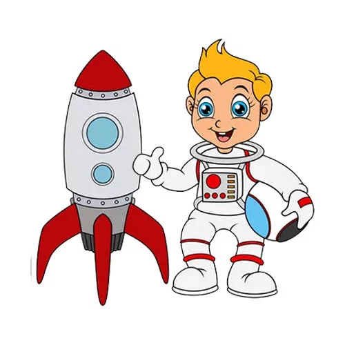Цветной пример раскраски молодой космонавт и ракета