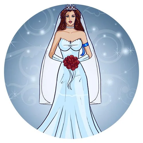 Цветной вариант раскраски невеста в свадебное платье