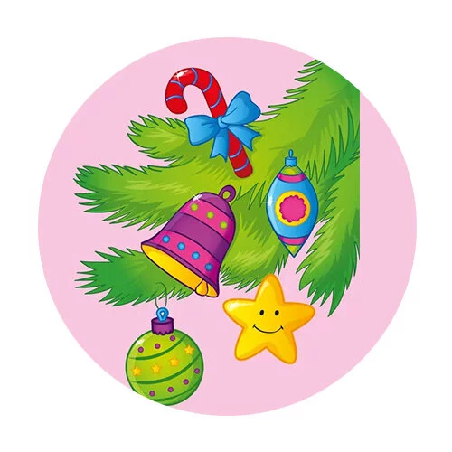 Цветной пример раскраски новогодние игрушки на елке с колокольчиком