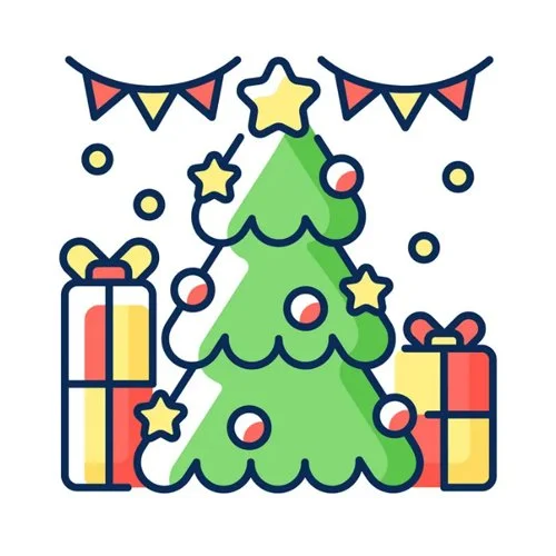 Цветной вариант раскраски новогодняя елка, подарки и гирлянда