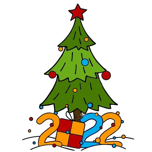 Цветной вариант раскраски новогодняя елка с подарками 2022
