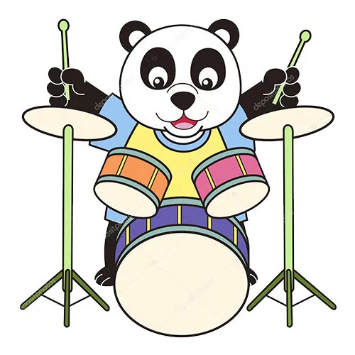 Цветной вариант раскраски панда барабанщик
