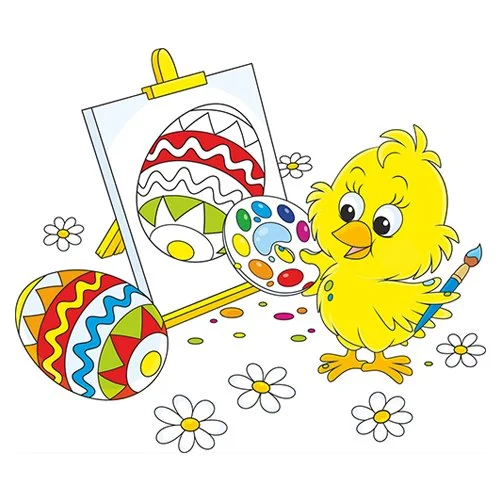 Цветной вариант раскраски пасхальные яйца и цыпленок