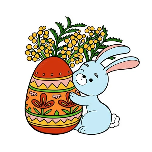 Цветной вариант раскраски пасхальный кролик с мимозой