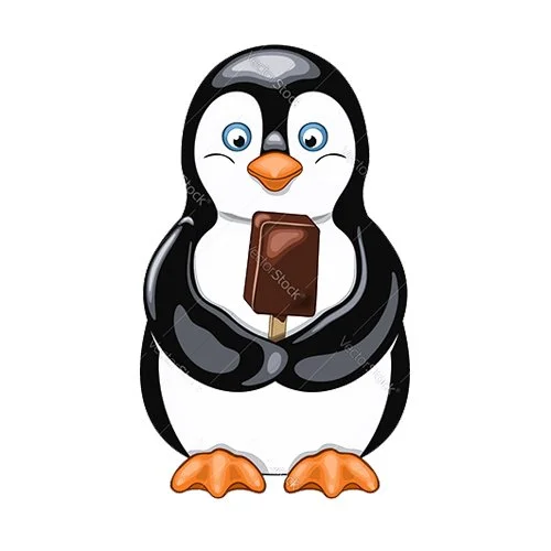 Цветной вариант раскраски пингвин ест мороженое