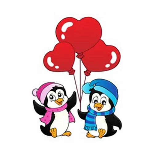 Цветной пример раскраски пингвин с сердчечками-шарами
