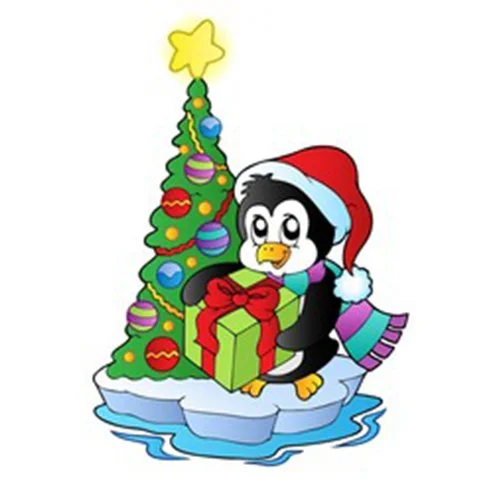Цветной вариант раскраски пингвин у новогодней елки с подарками